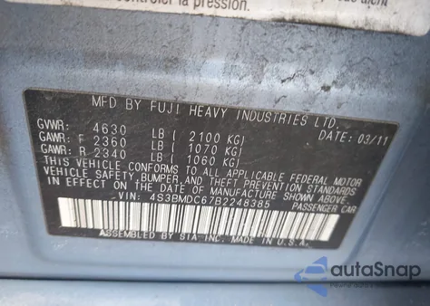 2011 Subaru Legacy 3.6R Premium from USA, damaged, VIN 4S3BMDC67B2248385